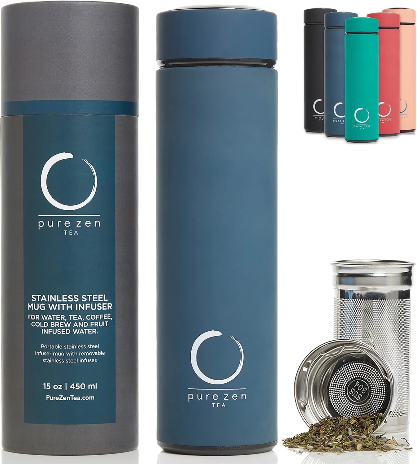 Stainless Steel Thermos with Tea, Coffee, and Fruit Infuser - Leakproof Travel Mug - 15oz - Blue