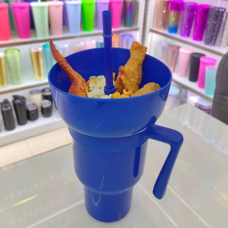 New 2 in 1 Creative Popcorn Snack Cup Integrated Beverage Cup with Handle Portable Beverage Cup Novel Design and Many Functions