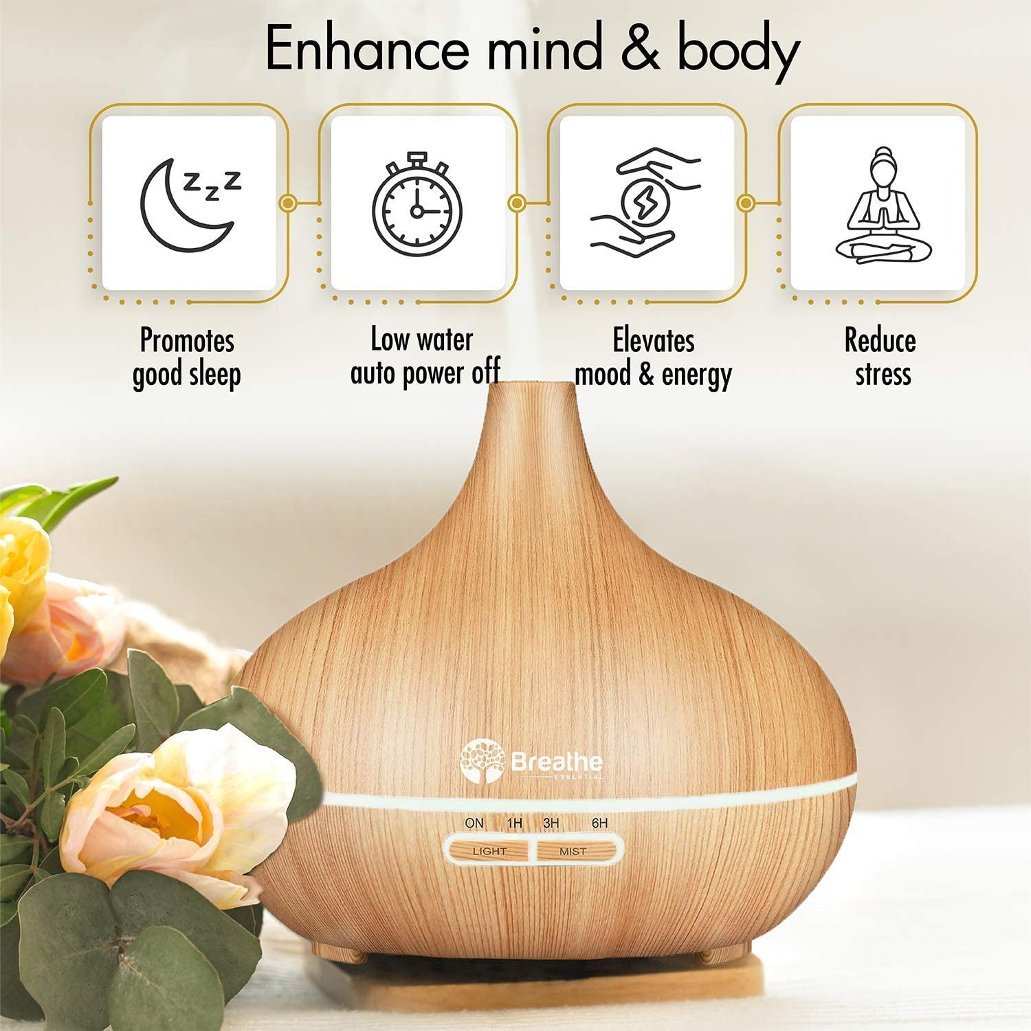 550ml Oil Diffuser with Cleaning Kit and Measuring Cup - 18 Hour Runtime, 16 LED Light Settings, Auto Power Off - Natural Oak Finish