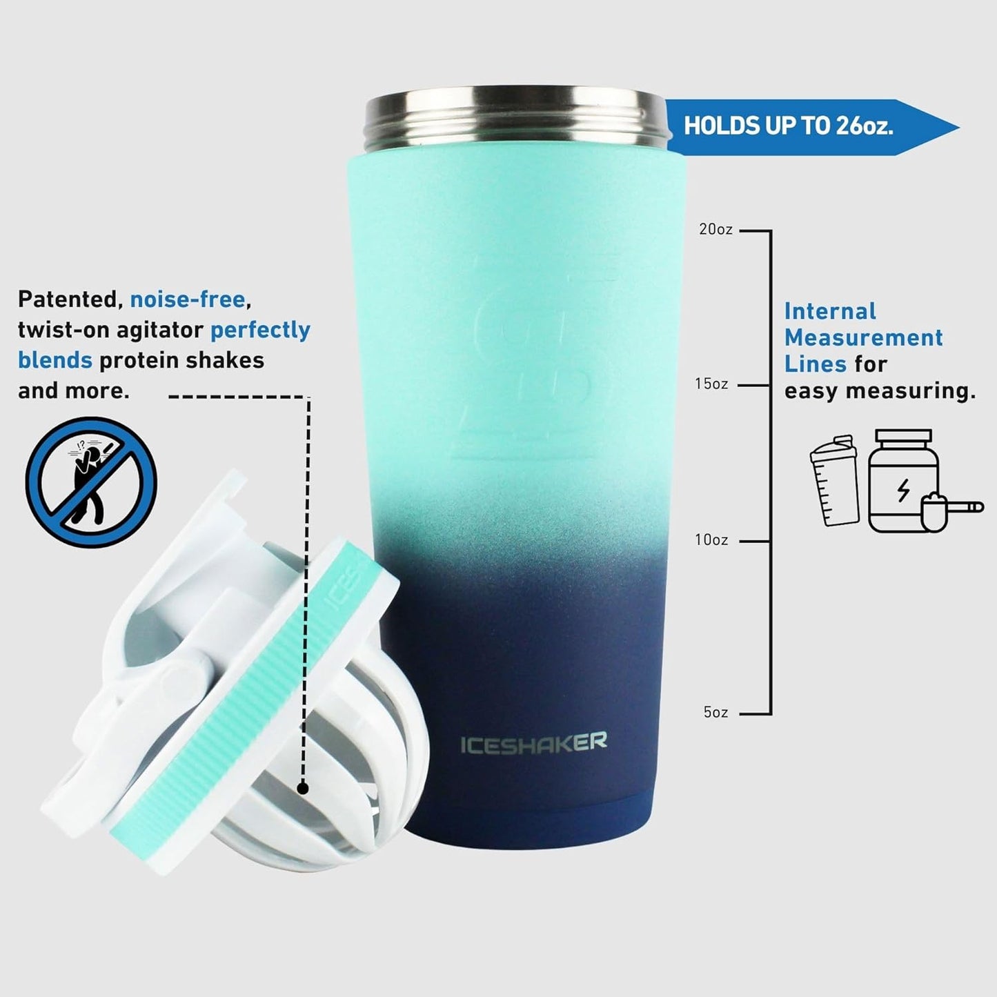 26 Oz Shaker Bottle, Stainless Steel Water Bottle and Protein Shaker, as Seen on Shark Tank, Reusable Stainless Steel Water Bottle, Gym Water Bottle, Navy and Mint