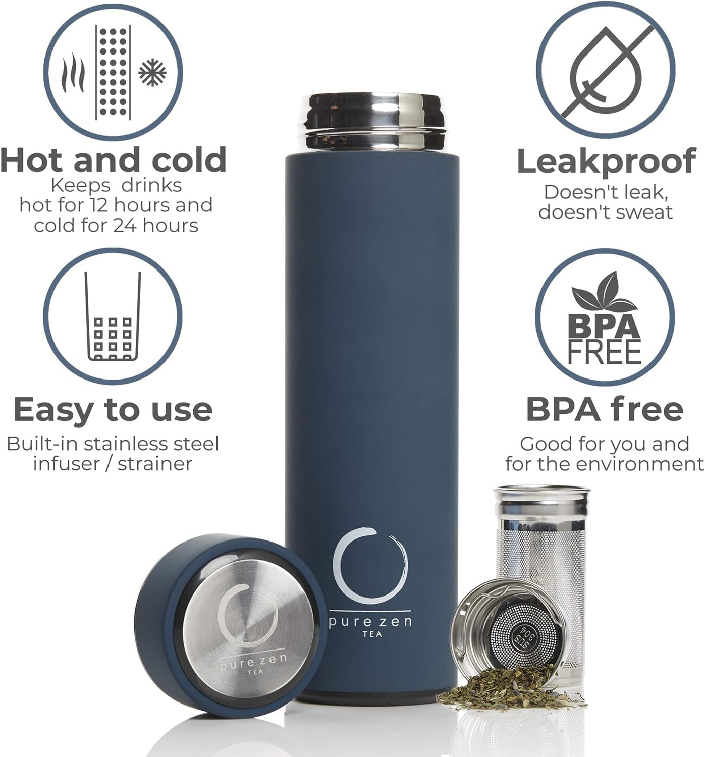 Stainless Steel Thermos with Tea, Coffee, and Fruit Infuser - Leakproof Travel Mug - 15oz - Blue