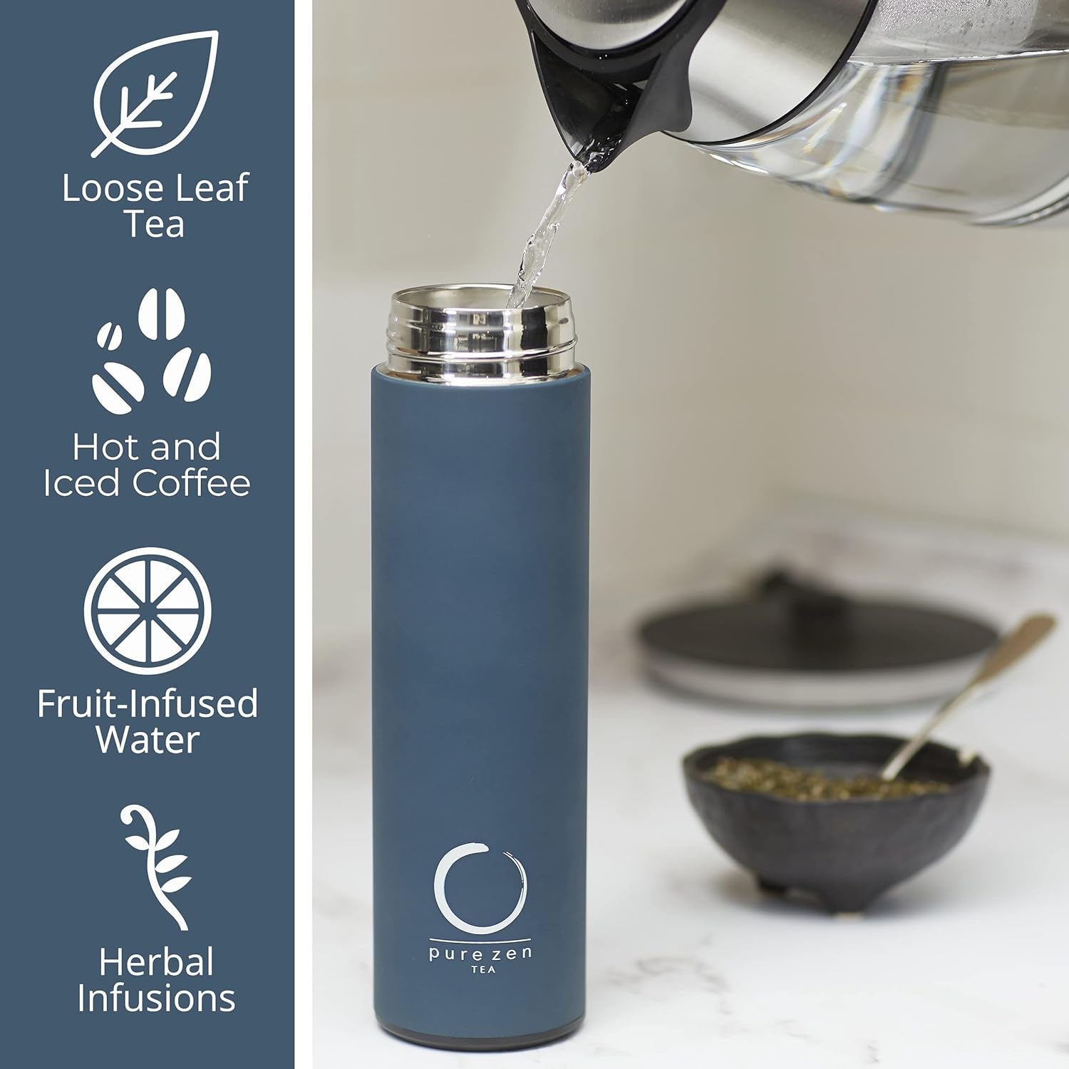 Stainless Steel Thermos with Tea, Coffee, and Fruit Infuser - Leakproof Travel Mug - 15oz - Blue