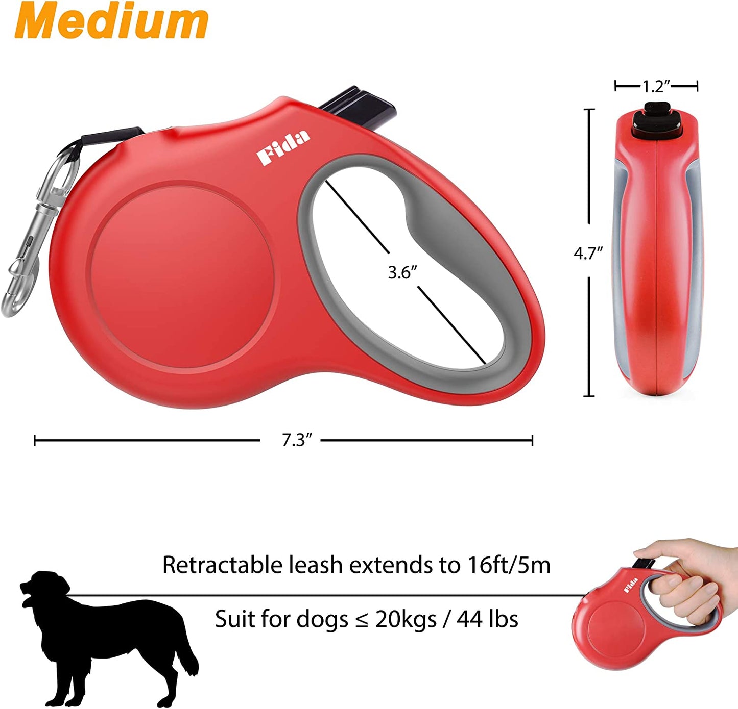 Professional Product Title: 
"16-Foot Retractable Pet Leash with Poop Bag Dispenser for Medium Dogs and Cats up to 44 lbs, Anti-Slip Handle, Reflective Nylon Tape - Red"