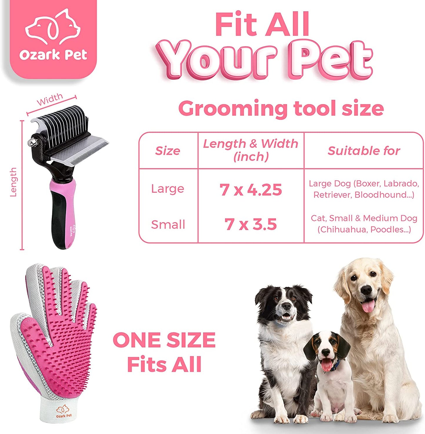 Dog Brush and Cat Brush-With Deshedding Brush, Dog Dematting Tools and 2 Side Shedding Brush Glove, Reduce Shedding up to 95%, for Short to Long Hair, Small to Medium Breeds by  (Pink Small)